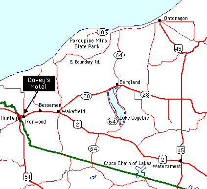 Map to Davey's  Motel, Ironwood, Michigan